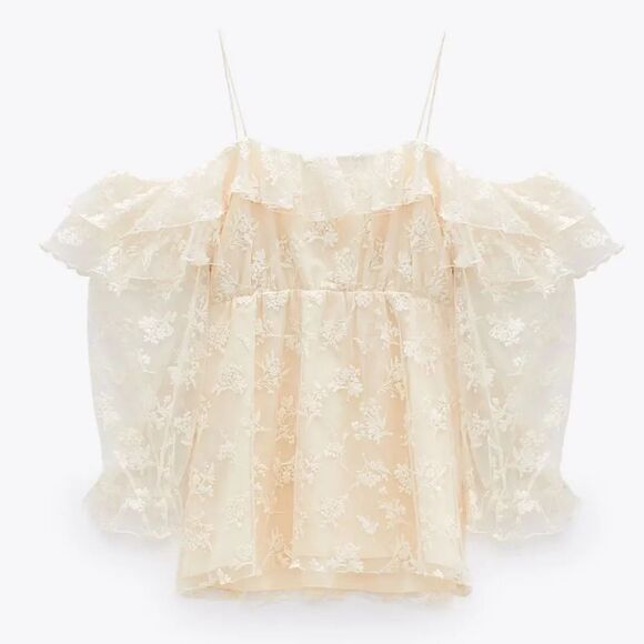 ZARA EMBROIDERED RUFFLED BLOUSE  - Picture 10 of 11